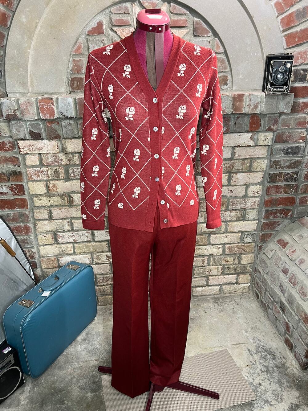 cardigan sweater pant set 1950s floral rust cream